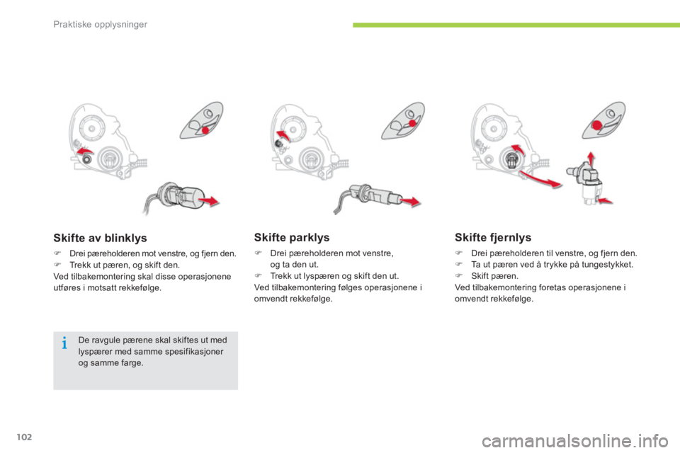 CITROEN C-ZERO 2014  InstruksjonsbØker (in Norwegian) Praktiske opplysninger
102
Skifte parklys 
�)   Drei pæreholderen mot venstre,og ta den ut.�) 
  Trekk ut lyspæren og skift den ut.
  Ved tilbakemontering følges operasjonene i 
omvendt rekkefølge