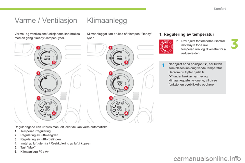 CITROEN C-ZERO 2014  InstruksjonsbØker (in Norwegian) 3
Komfor t
49
  Klimaanlegg 
Klimaanlegget kan brukes når lampen "Ready" lyser. 1. Regulering av temperatur 
�) 
 Drei hjulet for temperaturkontroll
mot høyre for å øke 
temperaturen, og til venst