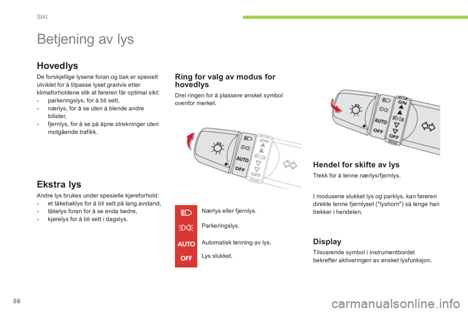 CITROEN C-ZERO 2012 InstruksjonsbØker (in Norwegian) Sikt
56
Betjening av lys
Hovedlys
De forskjellige lysene foran og bak er spesielt
utviklet for å tilpasse lyset gradvis etter
klimaforholdene slik at føreren får optimal sikt: CITROEN C-ZERO 2012 InstruksjonsbØker (in Norwegian) Sikt
56
Betjening av lys
Hovedlys
De forskjellige lysene foran og bak er spesielt
utviklet for å tilpasse lyset gradvis etter
klimaforholdene slik at føreren får optimal sikt: