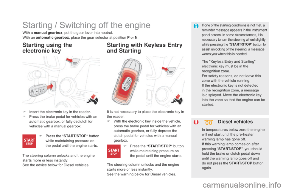 Citroen DS5 HYBRID 2016 1.G User Guide DS5_en_Chap04_conduite_ed02-2015
Starting / Switching off the engine
F Insert the electronic key in the reader.
F Pr ess the brake pedal for vehicles with an 
automatic gearbox, or fully declutch for 