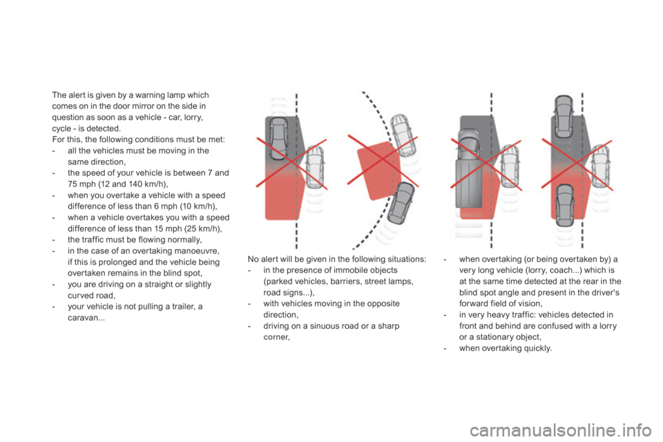 Citroen DS5 HYBRID 2016 1.G Owners Manual DS5_en_Chap04_conduite_ed02-2015
The alert is given by a warning lamp which 
comes on in the door mirror on the side in 
question as soon as a vehicle - car, lorry,  
cycle - is detected.
For this, th