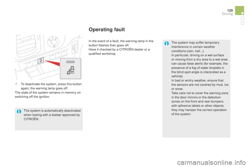 Citroen DS5 HYBRID 2016 1.G Owners Manual 125
DS5_en_Chap04_conduite_ed02-2015
F To deactivate the system, press this button 
again; the warning lamp goes off.
The state of the system remains in memory on 
switching off the ignition. In the e