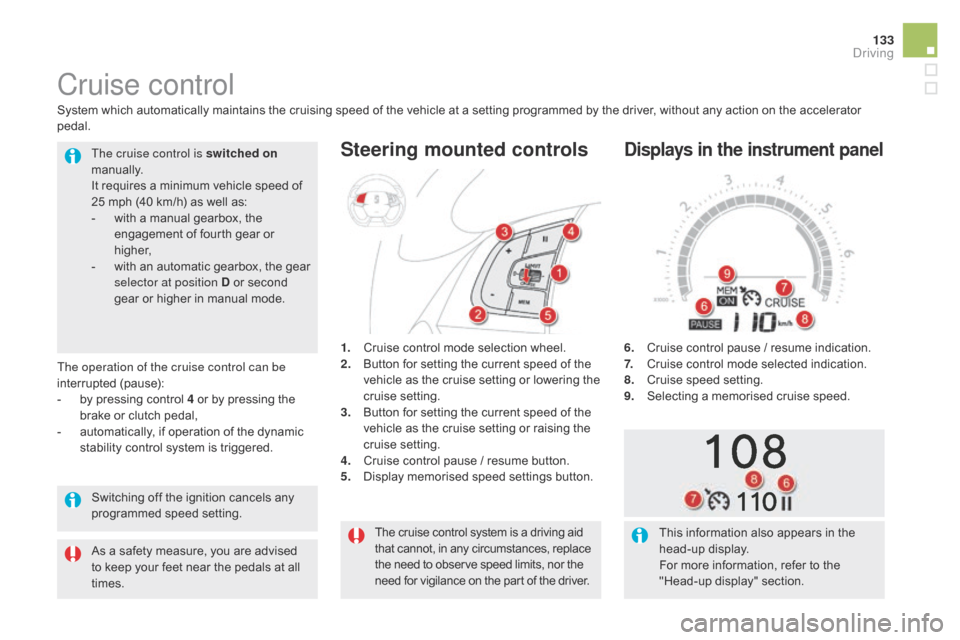 Citroen DS5 HYBRID 2016 1.G Owners Manual 133
DS5_en_Chap04_conduite_ed02-2015
The cruise control system is a driving aid
that cannot, in any circumstances, replace
the need to observe speed limits, nor the
need for vigilance on the part o Citroen DS5 HYBRID 2016 1.G Owners Manual 133
DS5_en_Chap04_conduite_ed02-2015
The cruise control system is a driving aid
that cannot, in any circumstances, replace
the need to observe speed limits, nor the
need for vigilance on the part o