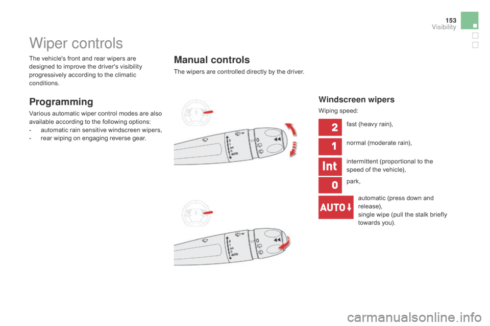 Citroen DS5 HYBRID 2016 1.G Owners Manual 153
DS5_en_Chap05_visibilite_ed02-2015
Wiper controls
Programming
Various automatic wiper control modes are also 
available according to the following options:
-
 au
tomatic rain sensitive windscreen 