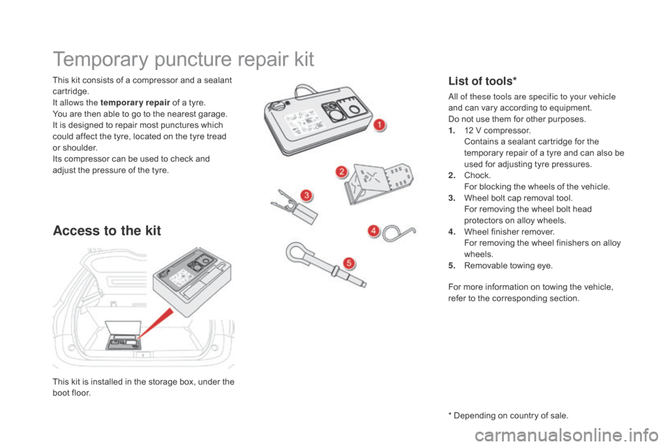 Citroen DS5 HYBRID 2016 1.G Owners Guide DS5_en_Chap08_info-pratiques_ed02-2015
This kit is installed in the storage box, under the 
boot floor. This kit consists of a compressor and a sealant 
cartridge.
It allows the temporary repair of a 