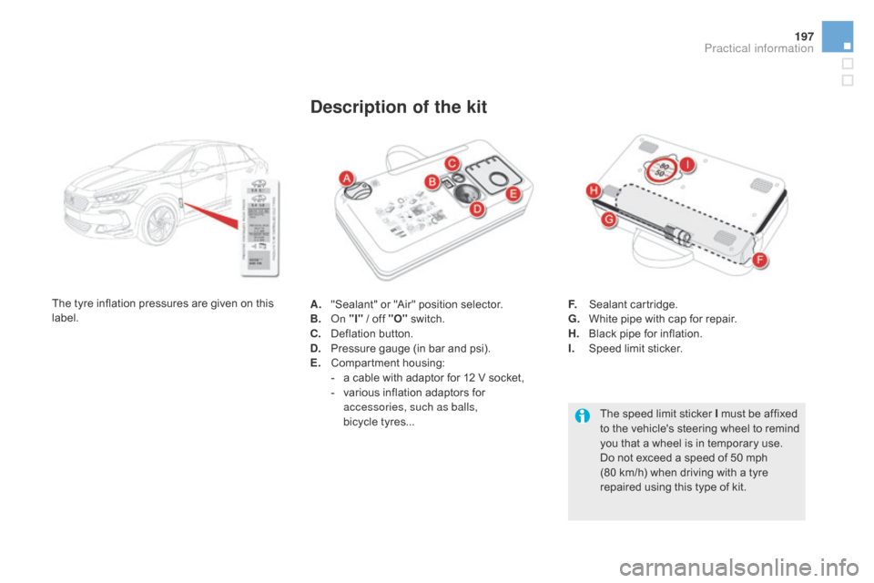 Citroen DS5 HYBRID 2016 1.G Owners Guide 197
DS5_en_Chap08_info-pratiques_ed02-2015
A. "Sealant" or "Air" position selector.
B. O n "I"  / off "O"  switch.
c. De

flation button.
d. Pr

essure gauge (in bar and psi).
E.
 Co

mpartment housin