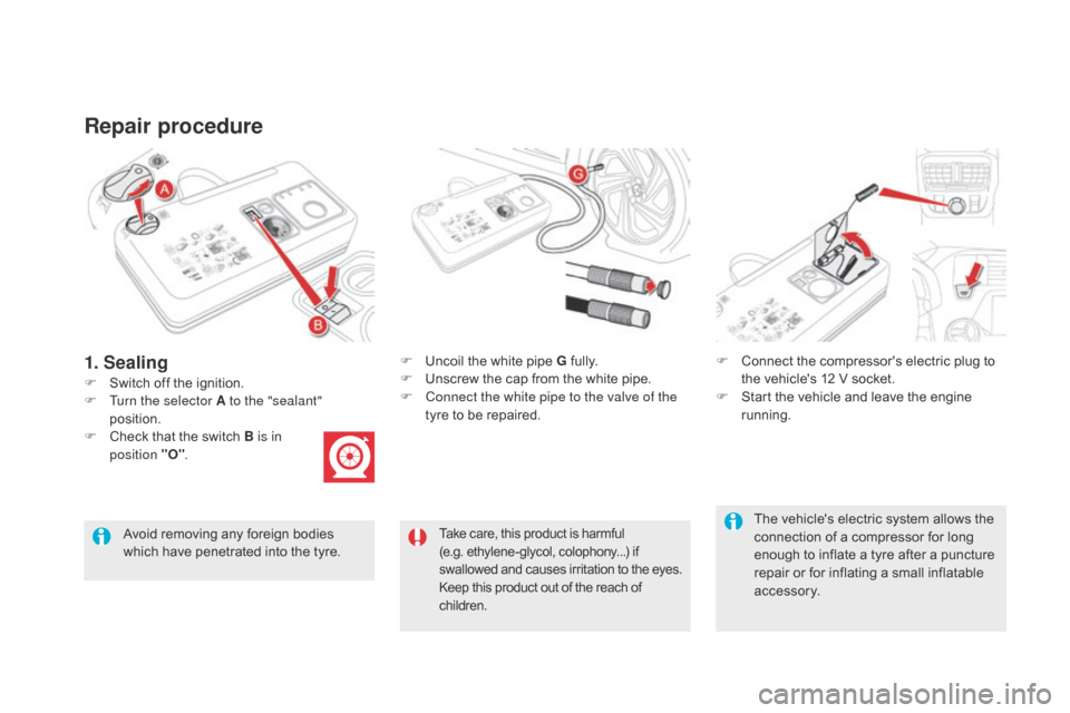 Citroen DS5 HYBRID 2016 1.G Owners Manual DS5_en_Chap08_info-pratiques_ed02-2015
Repair procedure
F Switch off the ignition.F
 Un
 coil the white pipe G fully.
F Un screw the cap from the white pipe.
F Co nnect the white pipe to the valve of 