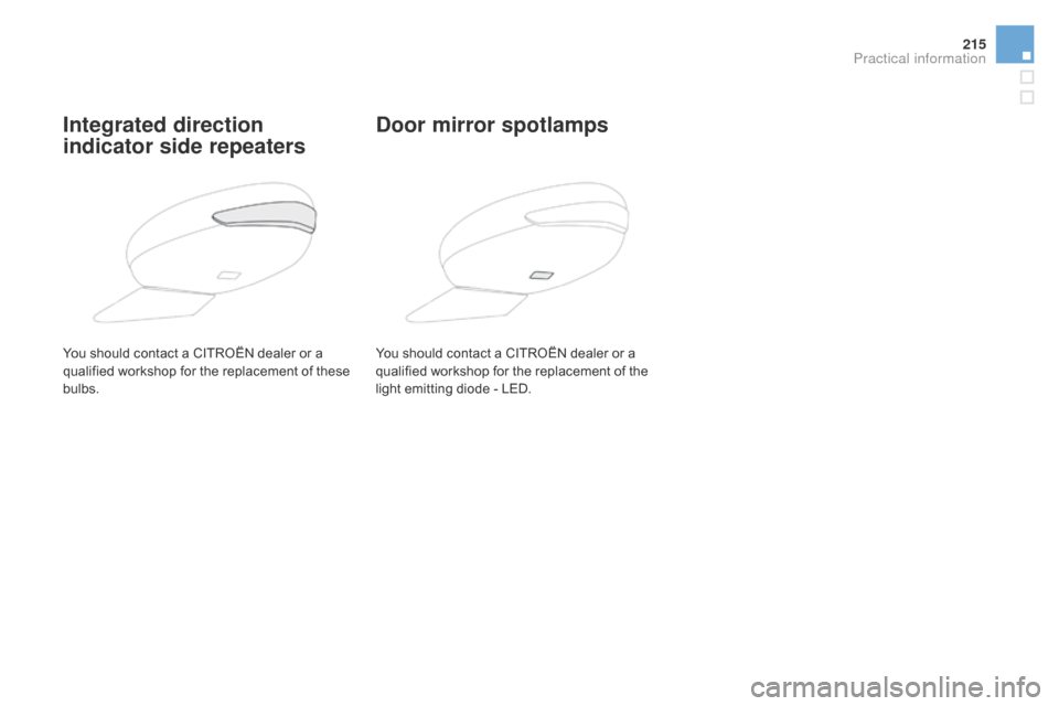 Citroen DS5 HYBRID 2016 1.G Owners Manual 215
DS5_en_Chap08_info-pratiques_ed02-2015
Integrated direction 
indicator side repeatersdoor mirror spotlamps
You should contact a CITROËN dealer or a 
qualified workshop f
or the replacement of the