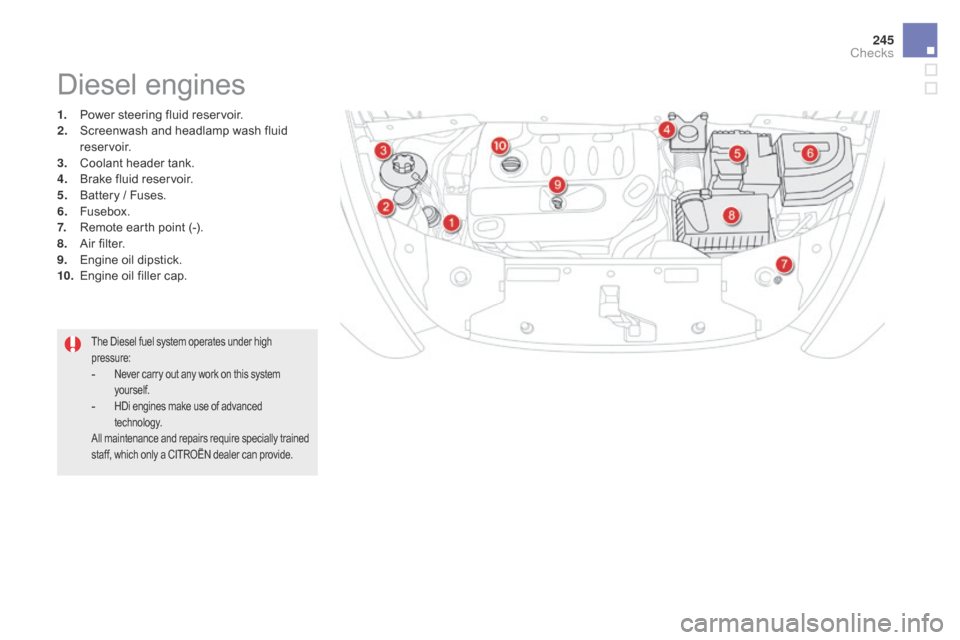 Citroen DS5 HYBRID 2016 1.G Owners Guide 245
DS5_en_Chap09_verifications_ed02-2015
1. Power steering fluid reservoir.
2. Sc reenwash and headlamp wash fluid 
reservoir.
3.
 Co

olant header tank.
4.
 Br

ake fluid reservoir.
5.
 Ba

ttery / 