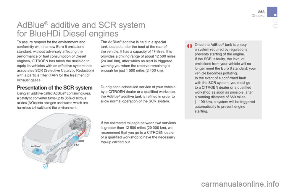 Citroen DS5 HYBRID 2016 1.G Owners Manual 253
DS5_en_Chap09_verifications_ed02-2015
AdBlue® additive and SCR system
for BlueHDi Diesel engines
To assure respect for the environment and 
conformity with the new Euro 6 emissions 
standard, wit