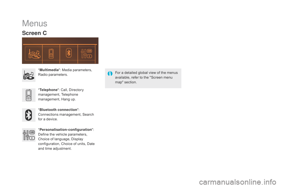 Citroen DS5 HYBRID 2016 1.G Owners Manual DS5_en_Chap11d_RD5_ed02-2015
Menus
Screen c
"Multimedia ": Media parameters, 
Radio parameters.
" Bluetooth connection ": 
Connections management, Search 
for a device. " Telephone ": Call, Directory 