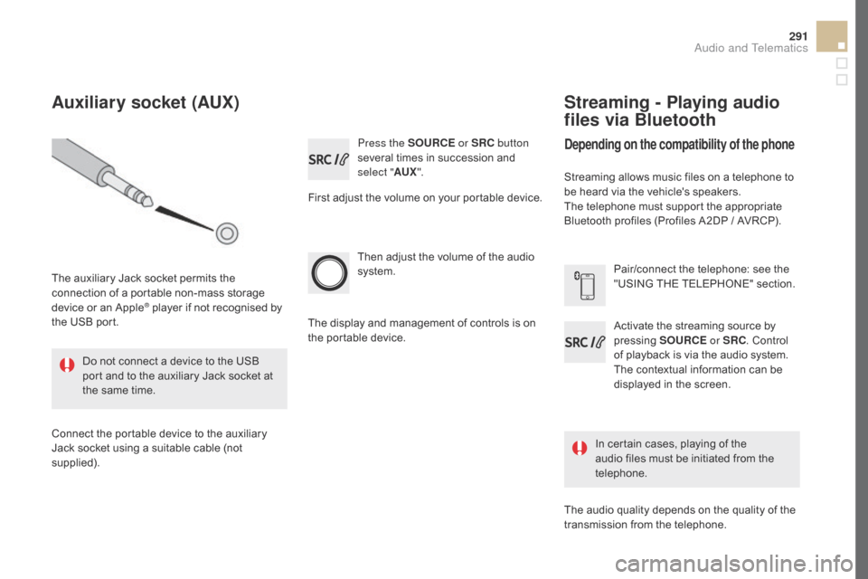 Citroen DS5 HYBRID 2016 1.G Owners Manual 291
DS5_en_Chap11d_RD5_ed02-2015
Press the SOURcE or  SRc bu tton 
several times in succession and 
select " AUX".
First adjust the volume on your portable device.
Then adjust the volume of the audio 