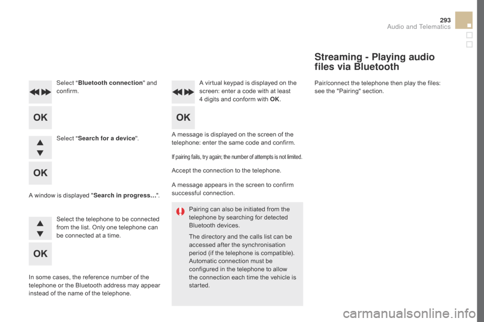 Citroen DS5 HYBRID 2016 1.G User Guide 293
DS5_en_Chap11d_RD5_ed02-2015
Pairing can also be initiated from the
telephone by searching for detected
Bluetooth devices.
The directory and the calls list can be
accessed after the synchronisa Citroen DS5 HYBRID 2016 1.G User Guide 293
DS5_en_Chap11d_RD5_ed02-2015
Pairing can also be initiated from the
telephone by searching for detected
Bluetooth devices.
The directory and the calls list can be
accessed after the synchronisa
