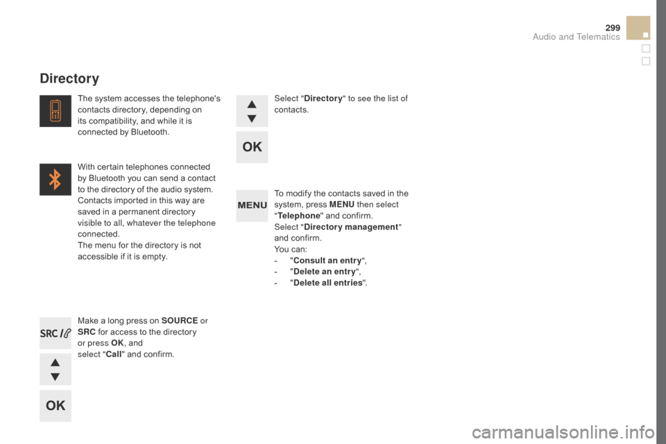 Citroen DS5 HYBRID 2016 1.G User Guide 299
DS5_en_Chap11d_RD5_ed02-2015
To modify the contacts saved in the
system, press MENU then select
" Telephone " and confirm.
Select "
dire
ctory management "
and confirm.
You can:
-
"con
sult Citroen DS5 HYBRID 2016 1.G User Guide 299
DS5_en_Chap11d_RD5_ed02-2015
To modify the contacts saved in the
system, press MENU then select
" Telephone " and confirm.
Select "
dire
ctory management "
and confirm.
You can:
-
"con
sult