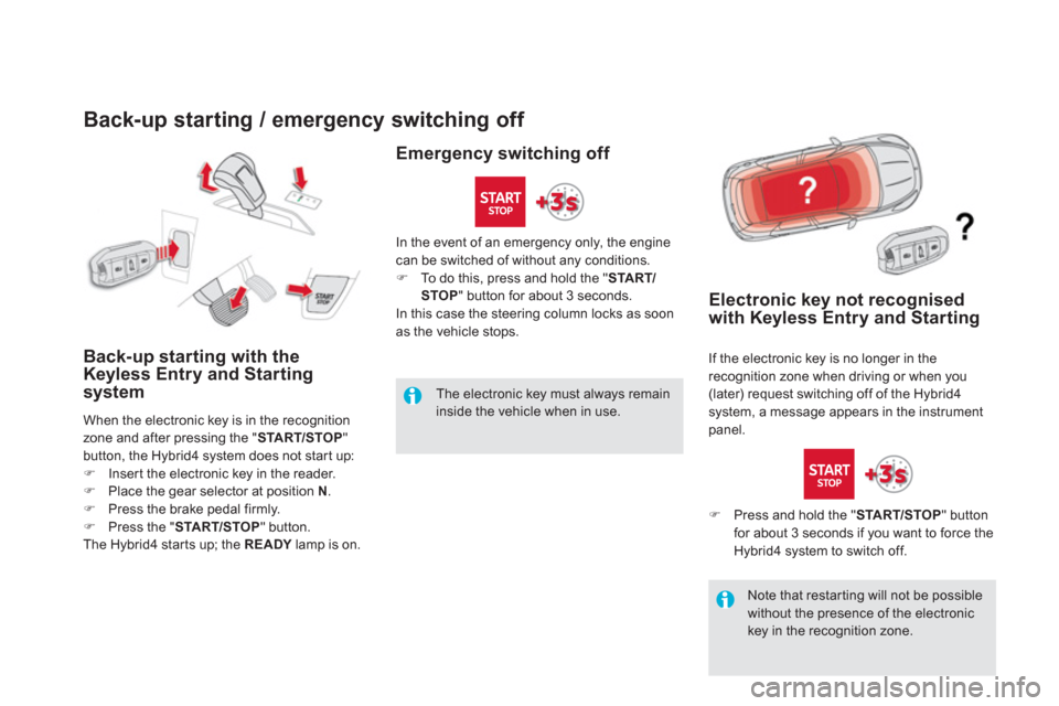 Citroen DS5 HYBRID 2016 1.G Owners Guide    
 
 
 
 
 
 
 
 
 
 
 
 
 
 
 
 
 
Back-up starting / emergency switching off 
 
 
Back-up starting with the 
Keyless Entry and Starting 
system 
  When the electronic key is in the recognition 
zo