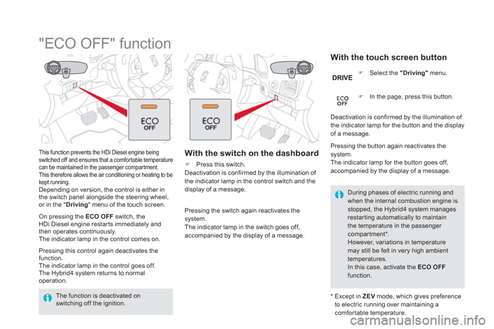 Citroen DS5 HYBRID 2016 1.G Repair Manual    
 
 
 
 
 
 
 
 
 
 
 
 
 
 
 
 
 
 
 
"ECO OFF" function  
 
 
This function prevents the HDi Diesel engine being 
switched off and ensures that a comfortable temperature 
can be maintained in the