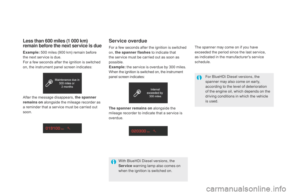 Citroen DS5 HYBRID 2016 1.G Owners Manual Service overdue
For a few seconds after the ignition is switched 
on, the spanner flashes to indicate that 
the service must be carried out as soon as 
possible.
Example:  the service is overdue by 30