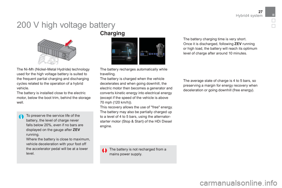 Citroen DS5 HYBRID 2016 1.G Workshop Manual 27Hybrid4 system
   
 
 
 
 
 
 
 
 
 
 
200 V high voltage battery 
 
 
The Ni-Mh (Nickel-Metal Hydride) technology 
used for the high voltage battery is suited to 
the frequent partial charging and 