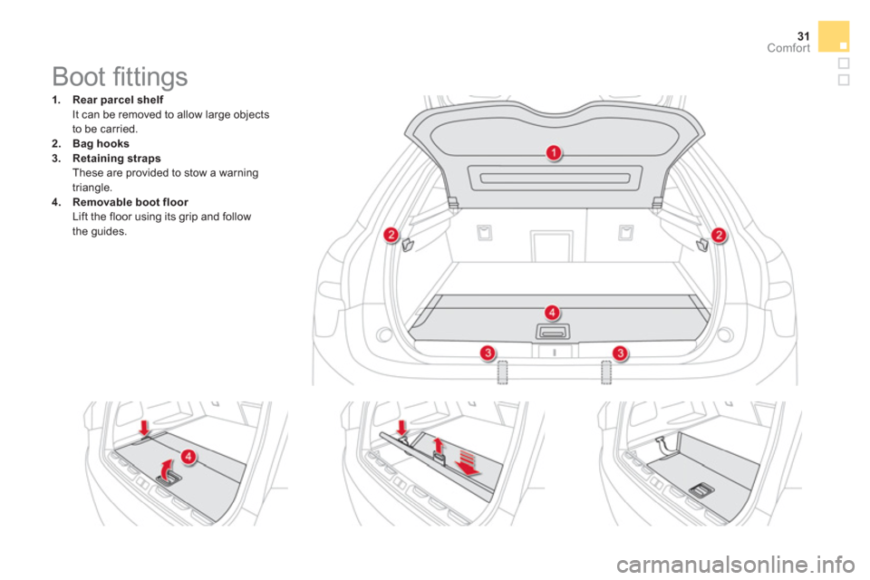 Citroen DS5 HYBRID 2016 1.G Owners Guide 31Comfort
   
 
 
 
 
 
 
 
 
 
 
 
 
 
 
 
 
 
 
 
 
 
 
Boot ﬁ ttings 
 
 
 
 
1. 
  Rear parcel shelf 
   
  It can be removed to allow large objects 
to be carried. 
   
2. 
  Bag hooks 
 
   
3