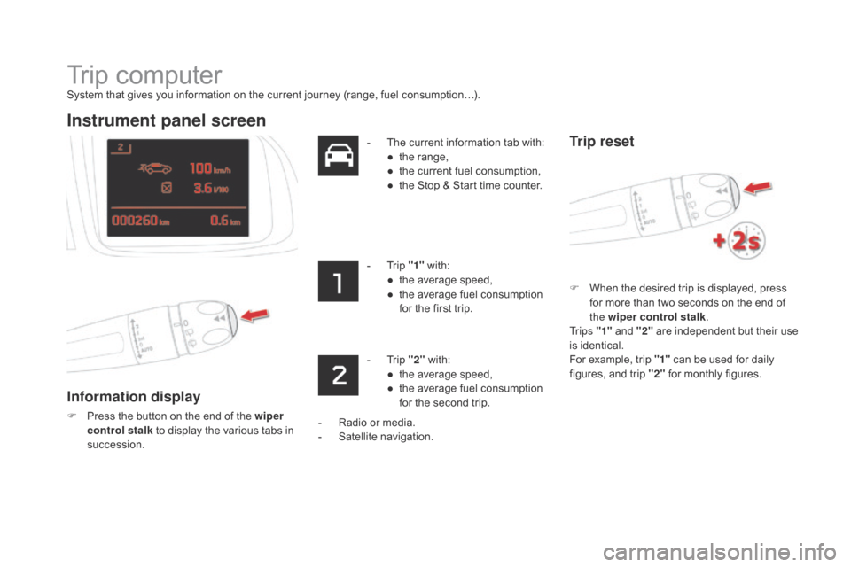 Citroen DS5 HYBRID 2016 1.G Owners Manual Trip computer
System that gives you information on the current journey (range, fuel consumption…).
Instrument panel screen
Information display
F Press the button on the end of the wiper 
control sta