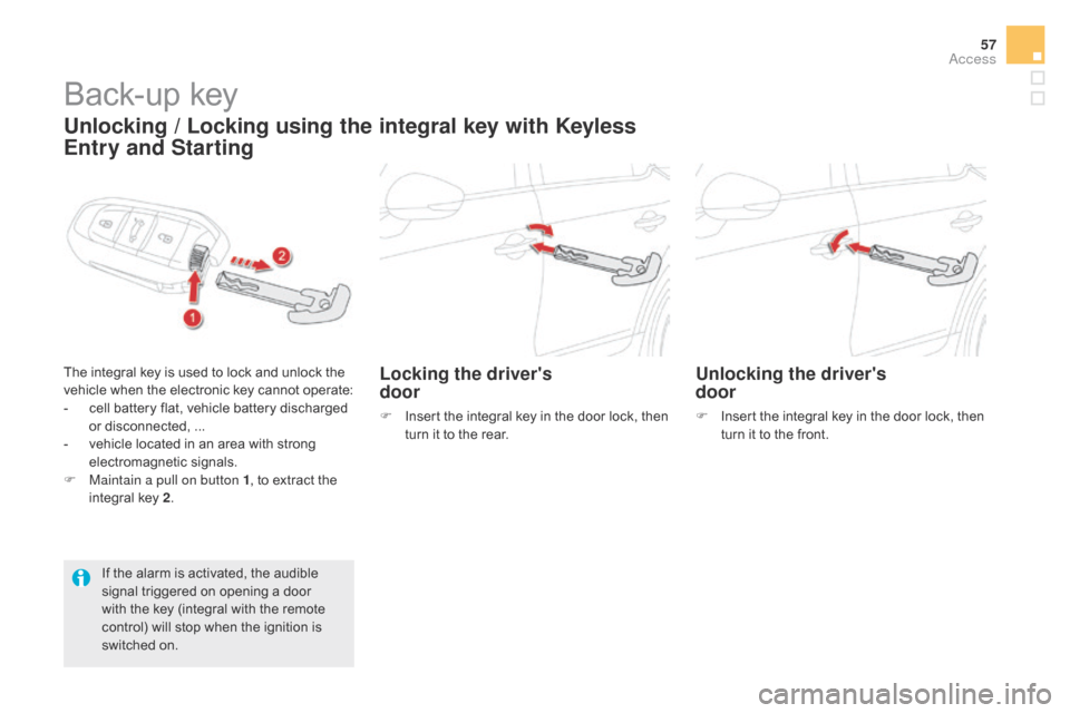 Citroen DS5 HYBRID 2016 1.G Owners Manual 57
DS5_en_Chap02_ouvertures_ed02-2015
Back-up key
Unlocking / Locking using the integral key with Keyless
Entry and Starting
The integral key is used to lock and unlock the
vehicle when the electron Citroen DS5 HYBRID 2016 1.G Owners Manual 57
DS5_en_Chap02_ouvertures_ed02-2015
Back-up key
Unlocking / Locking using the integral key with Keyless
Entry and Starting
The integral key is used to lock and unlock the
vehicle when the electron