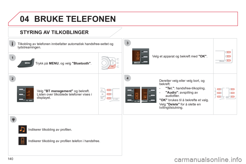 CITROEN C-ZERO 2011 InstruksjonsbØker (in Norwegian) 1
2
3
04
4
140
BRUKE TELEFONEN
Tilkobling av telefonen innbefatter automatisk handsfree-settet og lydstreamingen.
Tr
ykk på MENU , og velg "Bluetooth".
Velg "BT management" og bekreft.
Listen CITROEN C-ZERO 2011 InstruksjonsbØker (in Norwegian) 1
2
3
04
4
140
BRUKE TELEFONEN
Tilkobling av telefonen innbefatter automatisk handsfree-settet og lydstreamingen.
Tr
ykk på MENU , og velg "Bluetooth".
Velg "BT management" og bekreft.
Listen
