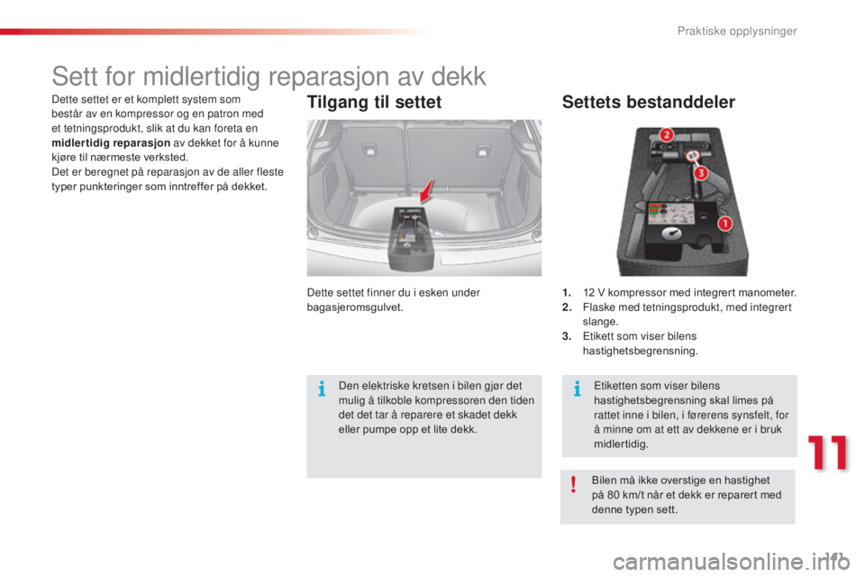 CITROEN C3 2015 InstruksjonsbØker (in Norwegian) 141
C3_no_Chap11_Info-pratiques_ed01-2014
sett for midlertidig reparasjon av dekk
Settets bestanddeler
1. 12 V kompressor med integrert manometer.
2. F laske med tetningsprodukt, med integrert
slang CITROEN C3 2015 InstruksjonsbØker (in Norwegian) 141
C3_no_Chap11_Info-pratiques_ed01-2014
sett for midlertidig reparasjon av dekk
Settets bestanddeler
1. 12 V kompressor med integrert manometer.
2. F laske med tetningsprodukt, med integrert
slang