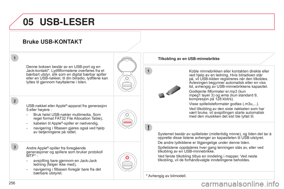 CITROEN C3 2015 InstruksjonsbØker (in Norwegian) 05
256
C3_no_Chap13c_RD45_ed01_2014
USB-LESER
Systemet består av spillelister (midlertidig minne), og tiden det tar å
opprette disse listene avhenger av kapasiteten til USB-utstyret.
De andre lydki CITROEN C3 2015 InstruksjonsbØker (in Norwegian) 05
256
C3_no_Chap13c_RD45_ed01_2014
USB-LESER
Systemet består av spillelister (midlertidig minne), og tiden det tar å
opprette disse listene avhenger av kapasiteten til USB-utstyret.
De andre lydki