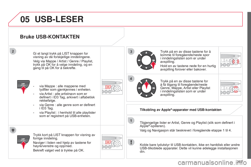 CITROEN C3 2015 InstruksjonsbØker (in Norwegian) 05
257
C3_no_Chap13c_RD45_ed01_2014
Bruke USB-KONTAKTEN
trykk kort på LIst knappen for visning av
forrige inndeling.
Naviger i listen ved hjelp av tastene for
høyre/venstre og opp/ned.
Bekreft val CITROEN C3 2015 InstruksjonsbØker (in Norwegian) 05
257
C3_no_Chap13c_RD45_ed01_2014
Bruke USB-KONTAKTEN
trykk kort på LIst knappen for visning av
forrige inndeling.
Naviger i listen ved hjelp av tastene for
høyre/venstre og opp/ned.
Bekreft val