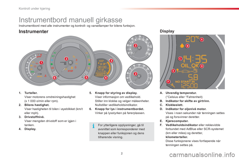 CITROEN C3 2015 InstruksjonsbØker (in Norwegian) Kontroll under kjøring
2
Instrumentbord med alle instrumenter og kontroll- og varsellamper for bilens funksjon.
Instrumentbord manuell girkasse
5.
CITROEN C3 2015 InstruksjonsbØker (in Norwegian) Kontroll under kjøring
2
Instrumentbord med alle instrumenter og kontroll- og varsellamper for bilens funksjon.
Instrumentbord manuell girkasse
5.