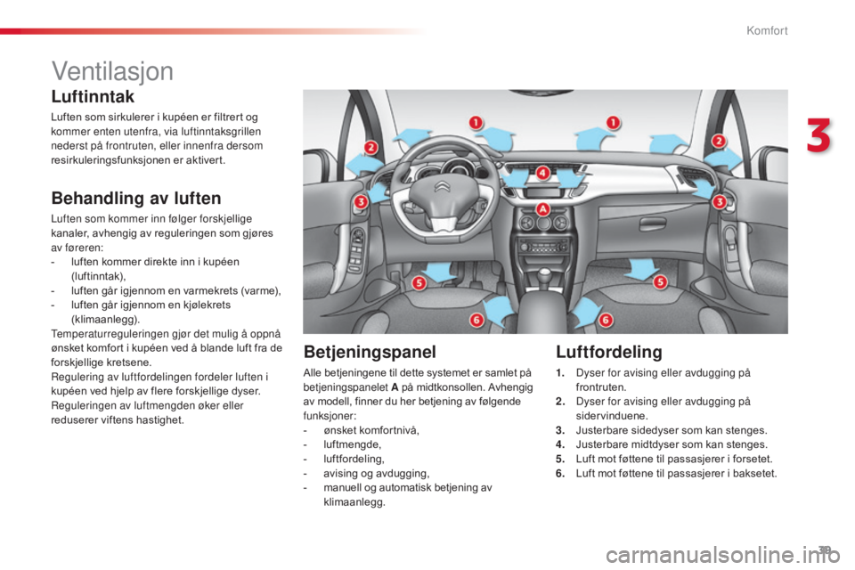 CITROEN C3 2015 InstruksjonsbØker (in Norwegian) 39
C3_no_Chap03_Confort_ed01-2014
Ventilasjon
Luftinntak
Luften som sirkulerer i kupéen er filtrert og
kommer enten utenfra, via luftinntaksgrillen
nederst på frontruten, eller innenfra dersom
re CITROEN C3 2015 InstruksjonsbØker (in Norwegian) 39
C3_no_Chap03_Confort_ed01-2014
Ventilasjon
Luftinntak
Luften som sirkulerer i kupéen er filtrert og
kommer enten utenfra, via luftinntaksgrillen
nederst på frontruten, eller innenfra dersom
re
