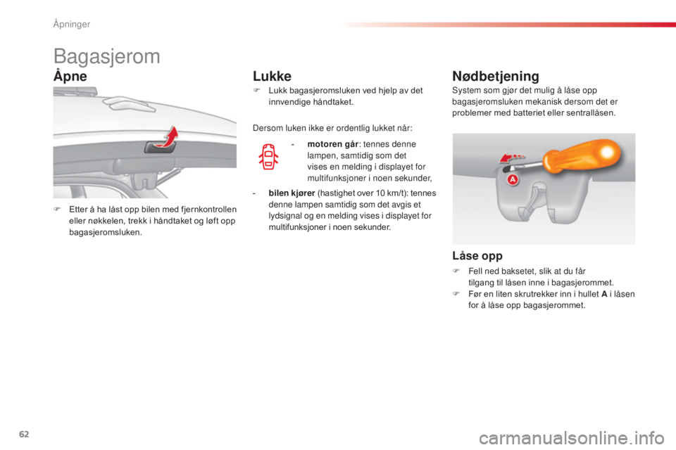CITROEN C3 2015  InstruksjonsbØker (in Norwegian) 62
C3_no_Chap04_Ouvertures_ed01-2014
bagasjerom
F Etter å ha låst opp bilen med fjernkontrollen eller nøkkelen, trekk i håndtaket og løft opp 
bagasjeromsluken. F
 
L
 ukk bagasjeromsluken ved hj