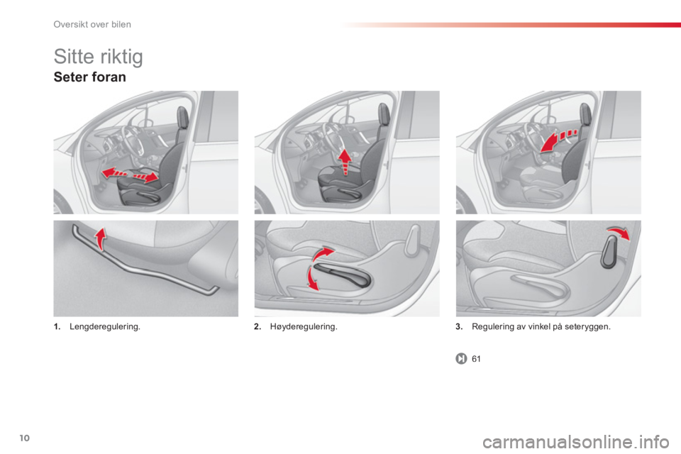 CITROEN C3 2014  InstruksjonsbØker (in Norwegian) Oversikt over bilen
10
Seter foran
1.     Lengderegulering. 2. 
   Høyderegulering. 3. Regulering av vinkel på seteryggen. 
 
Sitte riktig 
61 