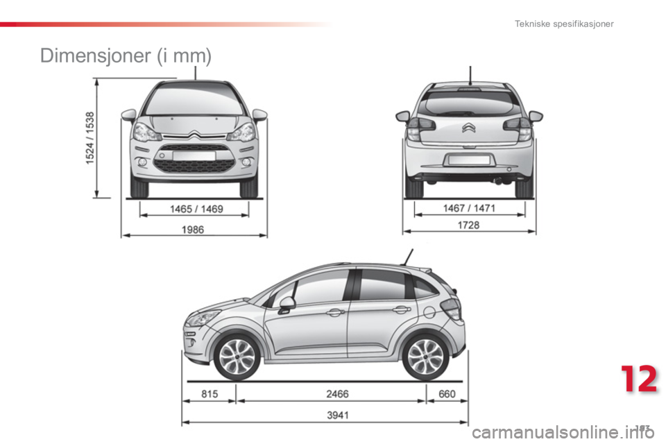CITROEN C3 2014 InstruksjonsbØker (in Norwegian) 12
Tekniske spesifikasjoner
193
Dimensjoner (i mm) CITROEN C3 2014 InstruksjonsbØker (in Norwegian) 12
Tekniske spesifikasjoner
193
Dimensjoner (i mm)