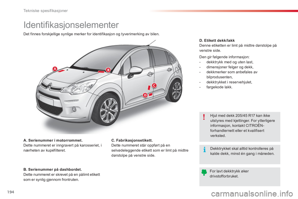 CITROEN C3 2014 InstruksjonsbØker (in Norwegian) Tekniske spesifikasjoner
194
Identifi kasjonselementer
B. Serienummer på dashbordet.Dette nummeret er skrevet på en pålimt etikettsom er synlig gjennom frontru CITROEN C3 2014 InstruksjonsbØker (in Norwegian) Tekniske spesifikasjoner
194
Identifi kasjonselementer
B. Serienummer på dashbordet.Dette nummeret er skrevet på en pålimt etikettsom er synlig gjennom frontru