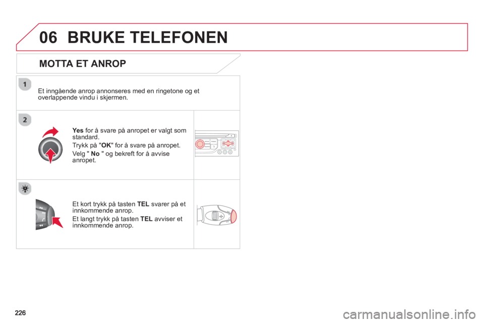 CITROEN C3 2014 InstruksjonsbØker (in Norwegian) 06BRUKE TELEFONEN
MOTTA ET ANROP
Et inngående anrop annonseres med en ringetone og et
overlappende vindu i skjermen.
Yes for å svare på anropet er valgt somstandard.
Tr
ykk på "OK" for CITROEN C3 2014 InstruksjonsbØker (in Norwegian) 06BRUKE TELEFONEN
MOTTA ET ANROP
Et inngående anrop annonseres med en ringetone og et
overlappende vindu i skjermen.
Yes for å svare på anropet er valgt somstandard.
Tr
ykk på "OK" for