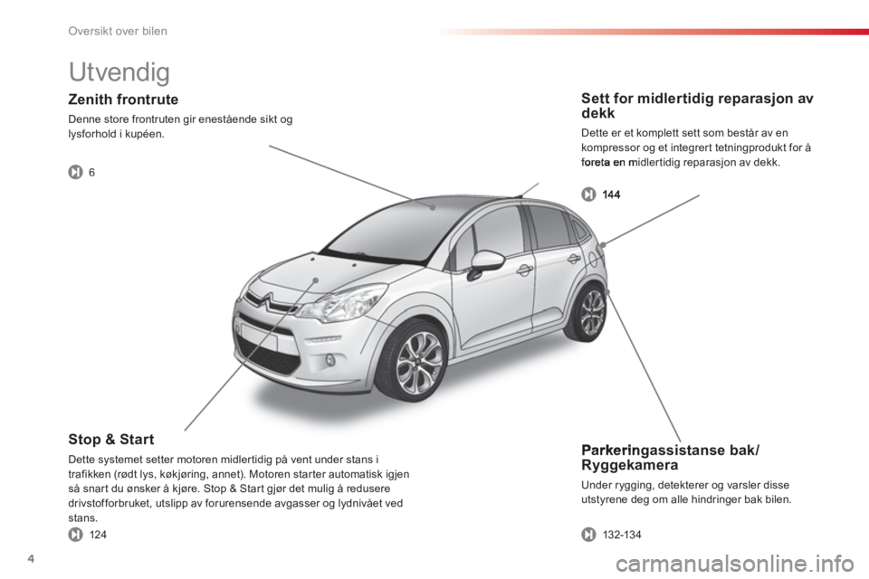 CITROEN C3 2014  InstruksjonsbØker (in Norwegian) Oversikt over bilen
4
   
Parkeringassistanse bak/Ryggekamera 
 Under rygging, detekterer og varsler disse
utstyrene deg om alle hindringer bak bilen.
Stop & Start 
Dette systemet setter motoren midle