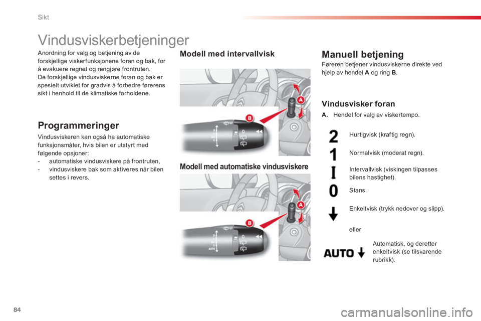CITROEN C3 2014  InstruksjonsbØker (in Norwegian) Sikt
84
   
 
 
 
 
 
 
 
Vindusviskerbetjeninger 
Programmeringer 
 
Vindusviskeren kan også ha automatiske 
funksjonsmåter, hvis bilen er utstyr t med 
følgende opsjoner: 
   
 
-   automatiske v