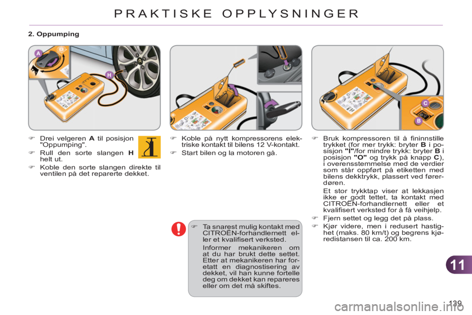 CITROEN C3 2013  InstruksjonsbØker (in Norwegian) 11
139
PRAKTISKE OPPLYSNINGER
   
�) 
  Ta snarest mulig kontakt med 
CITROËN-forhandlernett el-
ler et kvaliﬁ sert verksted.  
  Informer mekanikeren om 
at du har brukt dette settet. 
Etter at me