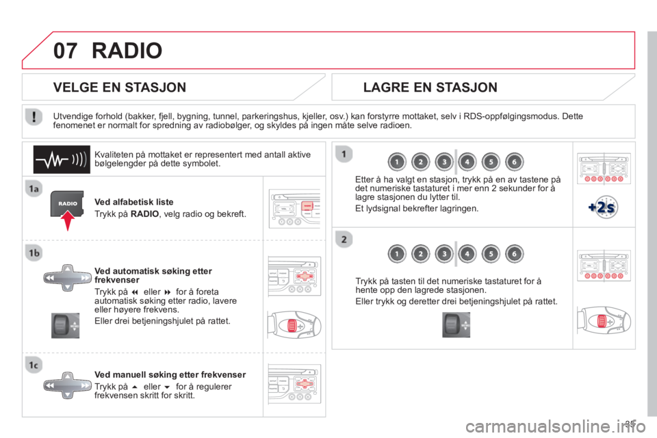CITROEN C3 2013  InstruksjonsbØker (in Norwegian) 35
07RADIO 
Ved alfabetisk liste
Tr
ykk på  RADIO, velg radio og bekreft.  
Ved automatisk søking etter 
frekvenser 
Tr
ykk på  �  eller  �  
for å foreta automatisk søking etter radio, lavere 
