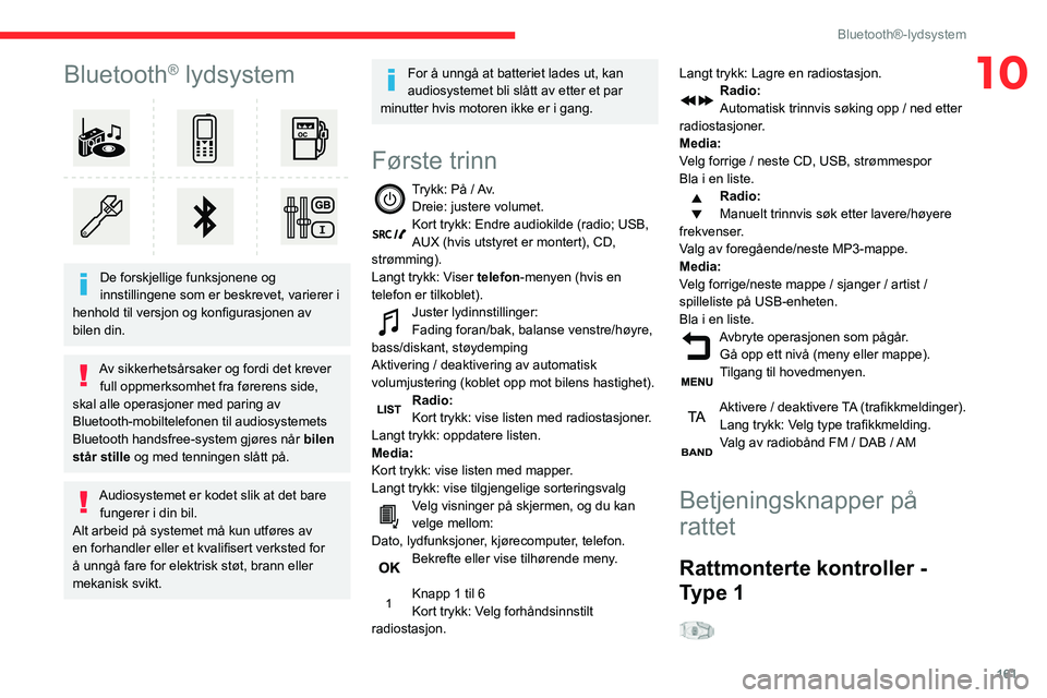 CITROEN C3 AIRCROSS 2021 InstruksjonsbØker (in Norwegian) 161
Bluetooth®-lydsystem
10Bluetooth® lydsystem
De forskjellige funksjonene og
innstillingene som er beskrevet, varierer i
henhold til versjon og konfigurasjonen av
bilen din.
Av sikkerhetsår CITROEN C3 AIRCROSS 2021 InstruksjonsbØker (in Norwegian) 161
Bluetooth®-lydsystem
10Bluetooth® lydsystem
De forskjellige funksjonene og
innstillingene som er beskrevet, varierer i
henhold til versjon og konfigurasjonen av
bilen din.
Av sikkerhetsår