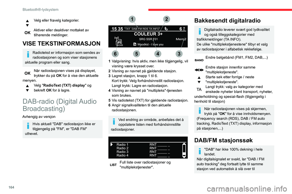 CITROEN C3 AIRCROSS 2021 InstruksjonsbØker (in Norwegian) 164
Bluetooth®-lydsystem
tilsvarende analoge "FM"-stasjon (hvis den eksisterer).Når "DAB / FM auto tracking" er aktiv, vil DAB-stasjonen velges automatisk.
Trykk på MENY-knappen.
V CITROEN C3 AIRCROSS 2021 InstruksjonsbØker (in Norwegian) 164
Bluetooth®-lydsystem
tilsvarende analoge "FM"-stasjon (hvis den eksisterer).Når "DAB / FM auto tracking" er aktiv, vil DAB-stasjonen velges automatisk.
Trykk på MENY-knappen.
V