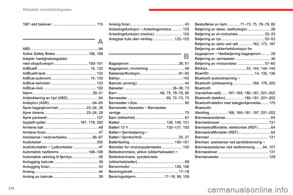 CITROEN C3 AIRCROSS 2021 InstruksjonsbØker (in Norwegian) 210
Alfabetisk innholdsfortegnelse
180°-sikt bakover 115
A
ABS 64Active Safety Brake 106, 108Adaptiv hastighetsregulator med stoppfunksjon 100–101
AdBlue® 14, 132AdBlue®-tank 133AdBl CITROEN C3 AIRCROSS 2021 InstruksjonsbØker (in Norwegian) 210
Alfabetisk innholdsfortegnelse
180°-sikt bakover 115
A
ABS 64Active Safety Brake 106, 108Adaptiv hastighetsregulator med stoppfunksjon 100–101
AdBlue® 14, 132AdBlue®-tank 133AdBl