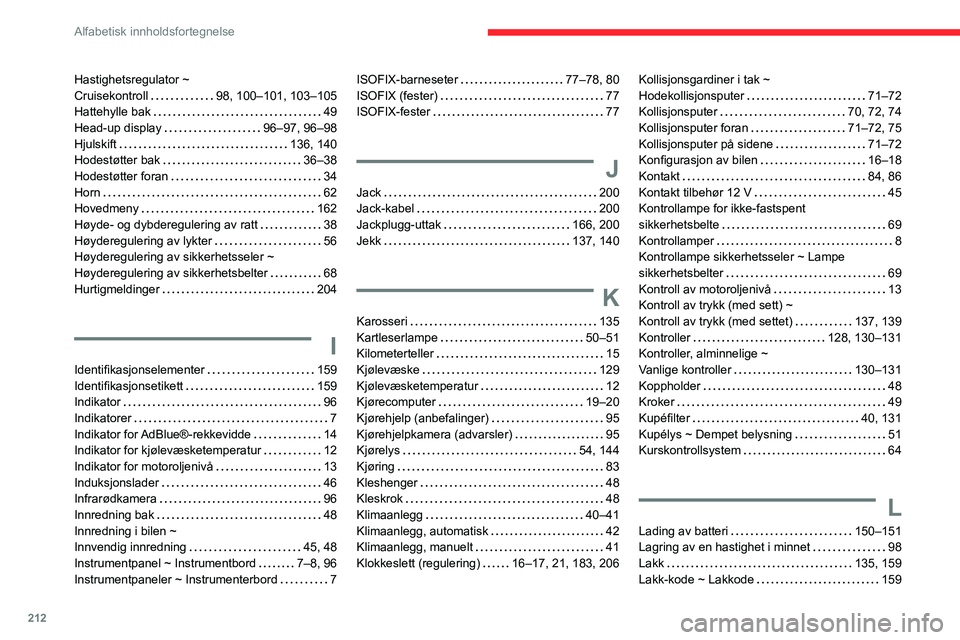 CITROEN C3 AIRCROSS 2021 InstruksjonsbØker (in Norwegian) 212
Alfabetisk innholdsfortegnelse
Hastighetsregulator ~ Cruisekontroll 98, 100–101, 103–105Hattehylle bak 49Head-up display 96–97, 96–98Hjulskift 136, 140Hodestøtter bak 36–38Ho CITROEN C3 AIRCROSS 2021 InstruksjonsbØker (in Norwegian) 212
Alfabetisk innholdsfortegnelse
Hastighetsregulator ~ Cruisekontroll 98, 100–101, 103–105Hattehylle bak 49Head-up display 96–97, 96–98Hjulskift 136, 140Hodestøtter bak 36–38Ho