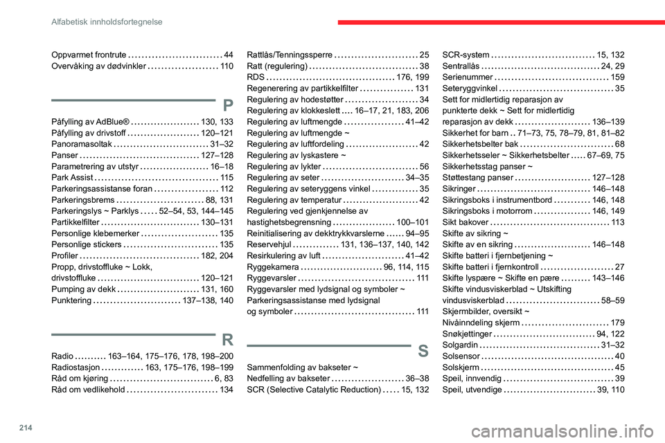 CITROEN C3 AIRCROSS 2021 InstruksjonsbØker (in Norwegian) 214
Alfabetisk innholdsfortegnelse
Oppvarmet frontrute 44Overvåking av dødvinkler 110
P
Påfylling av AdBlue® 130, 133Påfylling av drivstoff 120–121Panoramasoltak 31–32Panser 127†CITROEN C3 AIRCROSS 2021 InstruksjonsbØker (in Norwegian) 214
Alfabetisk innholdsfortegnelse
Oppvarmet frontrute 44Overvåking av dødvinkler 110
P
PÃ¥fylling av AdBlue® 130, 133PÃ¥fylling av drivstoff 120–121Panoramasoltak 31–32Panser 127â€