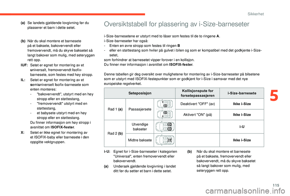 CITROEN C3 AIRCROSS 2019 InstruksjonsbØker (in Norwegian) 115
Oversiktstabell for plassering av i-Size-barneseter
i-Size-barnesetene er utstyrt med to låser som festes til de to ringene A.
i-Size-barneseter har også:
-
E
nten en øvre stropp som festes CITROEN C3 AIRCROSS 2019 InstruksjonsbØker (in Norwegian) 115
Oversiktstabell for plassering av i-Size-barneseter
i-Size-barnesetene er utstyrt med to låser som festes til de to ringene A.
i-Size-barneseter har også:
-
E
nten en øvre stropp som festes