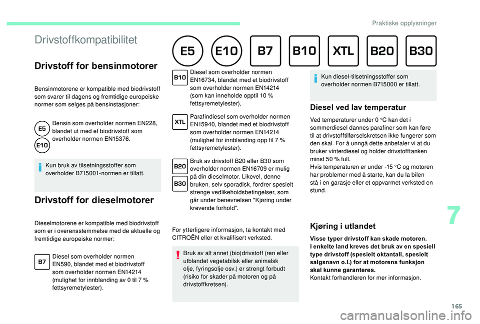 CITROEN C3 AIRCROSS 2019 InstruksjonsbØker (in Norwegian) 165
Drivstoff for bensinmotorer
Bensinmotorene er kompatible med biodrivstoff
som svarer til dagens og fremtidige europeiske
normer som selges på bensinstasjoner:Bensin som overholder normen EN22 CITROEN C3 AIRCROSS 2019 InstruksjonsbØker (in Norwegian) 165
Drivstoff for bensinmotorer
Bensinmotorene er kompatible med biodrivstoff
som svarer til dagens og fremtidige europeiske
normer som selges på bensinstasjoner:Bensin som overholder normen EN22