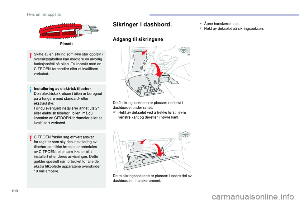 CITROEN C3 AIRCROSS 2019 InstruksjonsbØker (in Norwegian) 198
Pinsett
Skifte av en sikring som ikke står oppført i
oversiktstabellen kan medføre en alvorlig
funksjonsfeil på bilen. Ta kontakt med en
CITROËN-forhandler eller et kvalifisert
verksted.
CITROEN C3 AIRCROSS 2019 InstruksjonsbØker (in Norwegian) 198
Pinsett
Skifte av en sikring som ikke står oppført i
oversiktstabellen kan medføre en alvorlig
funksjonsfeil på bilen. Ta kontakt med en
CITROËN-forhandler eller et kvalifisert
verksted.