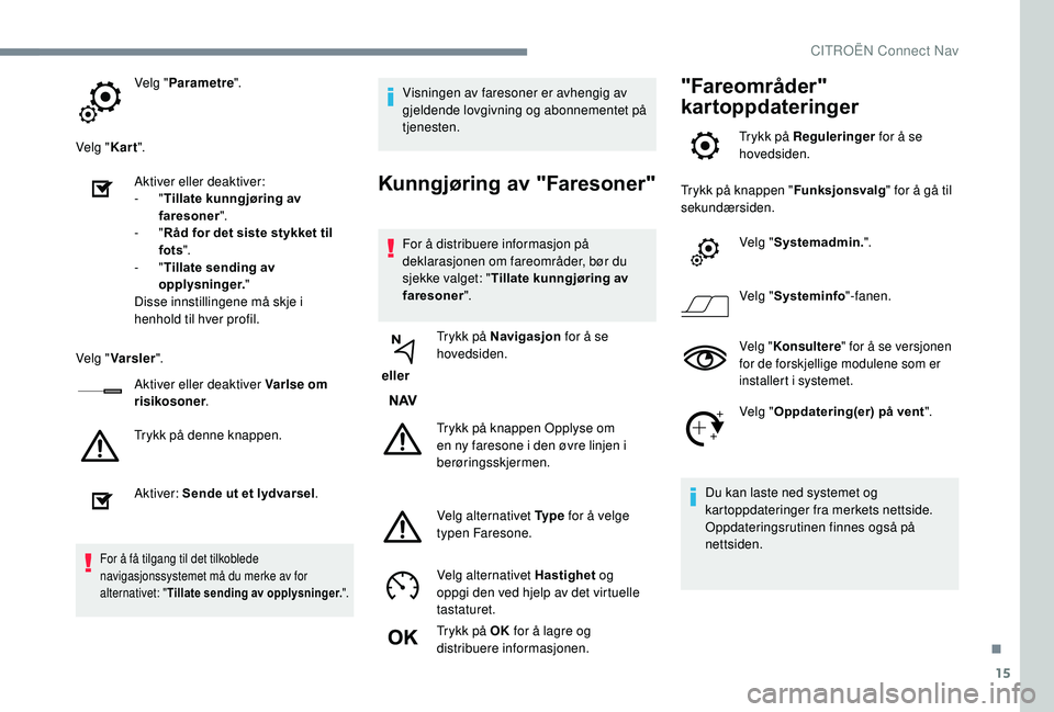 CITROEN C3 AIRCROSS 2019 InstruksjonsbØker (in Norwegian) 15
Velg "Parametre ".
Velg " Kart".
Aktiver eller deaktiver:
-
"Tillate kunngjøring av
faresoner ".
-
"Råd for det siste stykket til
fots ".
-
"Tillate se CITROEN C3 AIRCROSS 2019 InstruksjonsbØker (in Norwegian) 15
Velg "Parametre ".
Velg " Kart".
Aktiver eller deaktiver:
-
"Tillate kunngjøring av
faresoner ".
-
"Råd for det siste stykket til
fots ".
-
"Tillate se