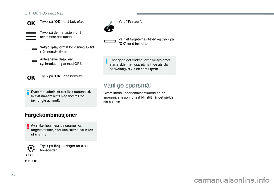 CITROEN C3 AIRCROSS 2019  InstruksjonsbØker (in Norwegian) 32
Trykk på "OK" for å bekrefte.
Trykk på denne tasten for å 
bestemme tidssonen.
Velg displayformat for visning av tid 
(12 timer/24 timer).
Aktiver eller deaktiver 
synkroniseringen med 